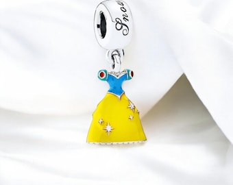 Princess Dress Charm, Adorable Snow White Charm Bracelet, Yellow And Blue Enamel Pendant, Fits On Pandora Bracelet, Gift For Her