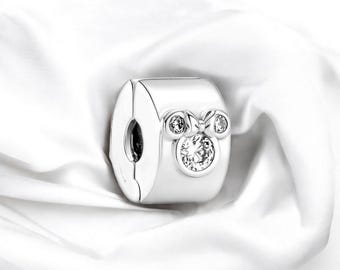 Cute Mickey Mouse Clip Charm, Sterling Silver Round Clip On Bracelet Charm, Silver Pendant, Fits On Pandora Bracelet,  Gift For Her