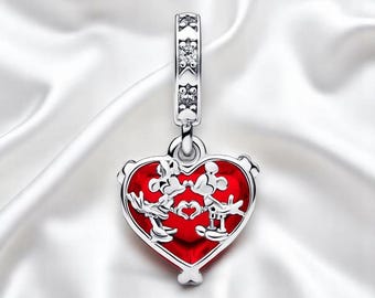 Unieke Mickey & Minnie Mouse-bedel van muranoglas, elegante liefdeshanger van rood glas, hartarmbandbedel, past op Pandora-armband