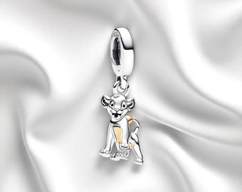 Charm de Simba de El Rey León bicolor, colgante con diamante cultivado en laboratorio, joyería de animales, compatible con pulseras Pandora, regalo para ella.