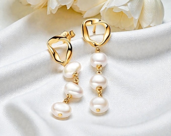 Baroque Pearl Drop Earrings in 14k Gold Plated, Womens Pearl Jewellery, Earrings with Organic Circle Design, Modern Fashion Earrings for Her