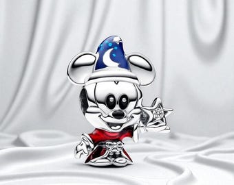 Sorcerer Apprentice Mickey Charm, Silver Enamel Charm, Magical Cartoon Character Jewellery, Fits On Pandora Bracelet, Gift for Her