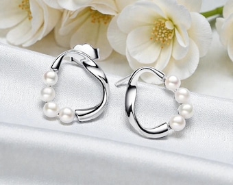 Perlen Hoop Ohrringe in Sterling Silber, Organische Kreis Ohrstecker für Frauen, Süsswasser Perle Schmuck Geschenk, minimale Ohrringe für Sie