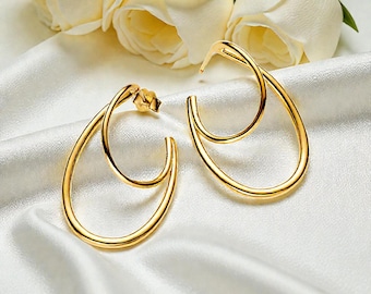 Double Hoop Earrings in 14k Gold Plated, Modern Jewellery for Women, Gold Organically Shaped Earrings Gift for Her, Gold Chunky Jewellery