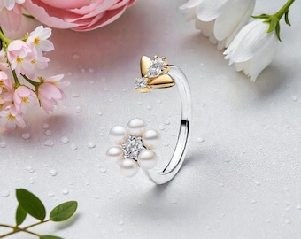 Bee & Pearl Flower Ring for Women, 14K Gold Plated Bee Detail with Freshwater Cultured Pearl Flower Open Ring, Adjustable Jewellery for Her