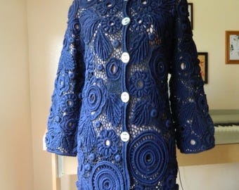 Irish lace crochet long cardigan fall spring coat in navy blue for women