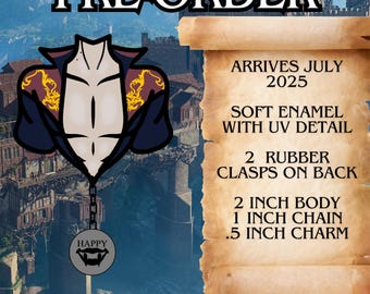 May include: A pre-order enamel pin featuring a stylized figure with a red and gold design on the shoulders. The pin is 2 inches tall and has a 1 inch chain with a .5 inch charm. The pin arrives in July 2025.