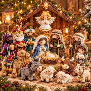 Può includere: Un set di natività all'uncinetto con figure di un angelo, Maria, Giuseppe, i tre re magi e un pastore, insieme a un bambino in una mangiatoia, un cammello, un asino, due pecore, una capra e un toro, disposti in una stalla di legno.