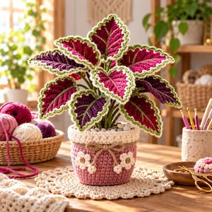 Könnte beinhalten: Eine gehäkelte Buntnessel mit tief magentafarbenen und violetten Blättern, die hellgrün umrandet sind, in einem strukturierten rosa gehäkelten Topf. Der Topf hat einen cremefarbenen Rand, eine Juteschleife und zwei kleine weiße Häkelblumen.