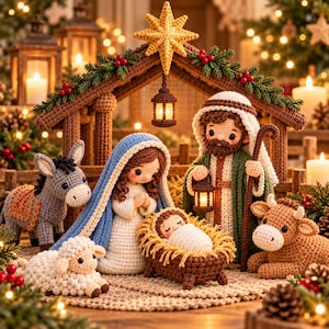 Virkat julkrubbaset i PDF-format, Maria Josef Jesusbarnet Amigurumi, Åsna Får Ko, Julkrubba Virkmönster