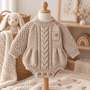 May include: A beige knit romper featuring a central vertical cable knit pattern, textured sleeves, and a small chest pocket. The garment includes a ribbed crew neckline with two wooden buttons at the shoulder and three wooden buttons at the bottom.