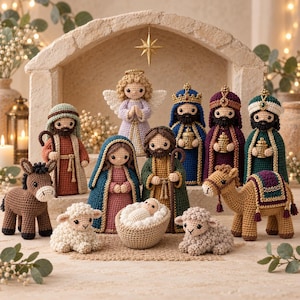 May include: A crochet nativity set featuring figures of a baby in a manger, Mary, Joseph, an angel, three kings, a donkey, a camel, and two sheep. The figures are crafted with yarn in various colors including blue, purple, green, brown, and white.