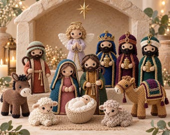 Conjunto de 12 patrones de ganchillo amigurumi para el Nacimiento de Jesús - Escena del pesebre navideño (PDF digital)
