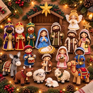 Può includere: Un set per presepe all'uncinetto con figure della sacra famiglia, tre re magi, un angelo, pastori e animali tra cui un asino, un cammello, pecore e una mucca. Le figure sono realizzate con dettagliate texture in filato e abiti colorati.