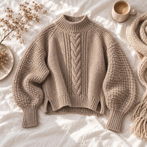 Peut inclure: Un pull en tricot beige doté d'un col montant, de longues manches ballon avec poignets côtelés et d'un motif central en torsades verticales. Le pull présente un ourlet droit avec des fentes latérales et une finition en tricot texturé.
