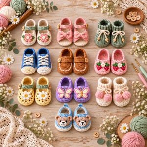 May include: A collection of ten pairs of handmade crochet baby shoes in various designs, including floral patterns, bows, strawberries, butterflies, and bear faces, arranged on a wooden surface with yarn balls and small white flowers.