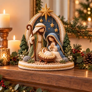 Pode incluir: Um presépio de crochê com figuras de José, Maria e o menino Jesus numa manjedoura. A cena está inserida numa moldura em arco rematada por uma estrela, ladeada por dois pinheiros de crochê, tudo sobre uma base circular.
