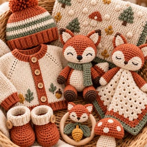 May include: A crochet baby set featuring a rust-orange pom-pom hat, a button-up cardigan with leaf motifs, booties, two fox plushies, a fox rattle on a wooden ring, a mushroom toy, and a cream-colored blanket with forest-themed appliques.