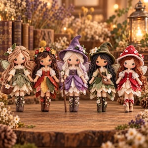 May include: Five crocheted dolls dressed as forest fairies, each wearing unique outfits with leaf-like skirts, floral accents, and hats. The dolls feature intricate yarn details, including small bags, a staff, and varied hair colors, standing together on a wooden surface.