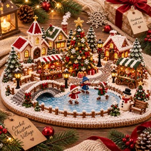 Könnte beinhalten: Ein gehäkeltes Weihnachtsdorf mit einer zentralen Eisbahn, auf der drei kleine Figuren Schlittschuh laufen, umgeben von Miniaturgebäuden, einem geschmückten Weihnachtsbaum, Straßenlaternen, einer Steinbrücke und einem Schneemann.