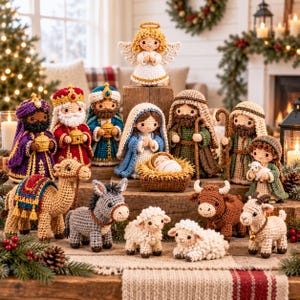 Può includere: Un set presepio all'uncinetto che include un angelo, Maria, Giuseppe, i tre re magi, un pastore con un agnello, un bambino nella mangiatoia, un cammello, un asino, due pecore, una mucca e una capra, realizzati con dettagliate trame di filato.