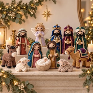 May include: A collection of crocheted nativity figures including a central infant in a basket, Mary, Joseph, an angel, three wise figures, a donkey, a camel, and two sheep. Each figure is crafted with detailed yarn textures and colours.