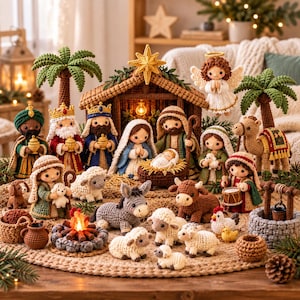 May include: A detailed crochet nativity set featuring figures of Mary, Joseph, the infant Jesus in a manger, three kings, an angel, a shepherd, and various animals including sheep, a donkey, a camel, and a chicken, all arranged around a stable.