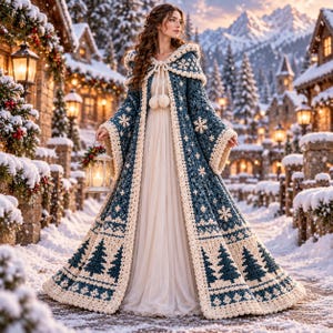 May include: A floor-length, dark teal crochet hooded cloak featuring a cream-colored trim, white snowflake motifs, and a bottom border of dark teal pine trees. The cloak includes a front tie closure with two large cream-colored pom-poms.