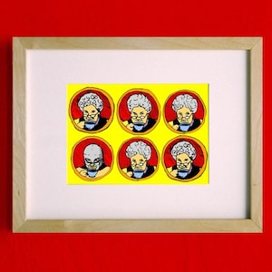 May include: A framed print of six cartoon illustrations of a person with gray hair and glasses drinking from a cup. The background is yellow with red circles around each illustration.