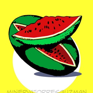May include: A bright red watermelon with green rind, cut into two slices, on a white circle against a yellow background. The text "MINERVATORRESGUZMAN LA SANDIA" is below the watermelon.