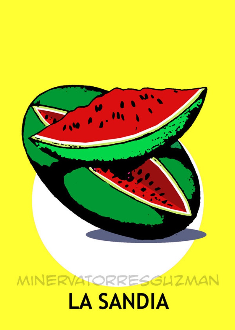 May include: A bright red watermelon with green rind, cut into two slices, on a white circle against a yellow background. The text "MINERVATORRESGUZMAN LA SANDIA" is below the watermelon.