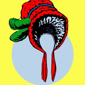 May include: A red and blue hat with green accents. The hat is called "El Gorrito" and the artist's name is "Minerva Torres Guzman".