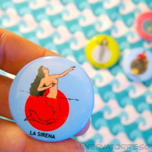 Mexican Loteria Pin Back Button Set - La Sirena, La Dama, El Catrin, El Valiente