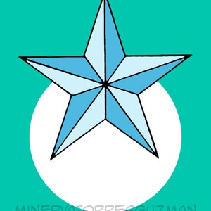 May include: A blue star with a white outline, on a white circle against a teal background. The text "LA ESTRELLA" is below the star.