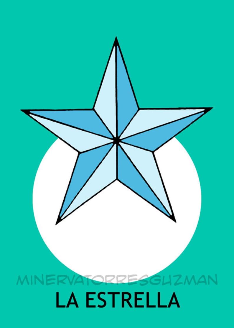 May include: A blue star with a white outline, on a white circle against a teal background. The text "LA ESTRELLA" is below the star.