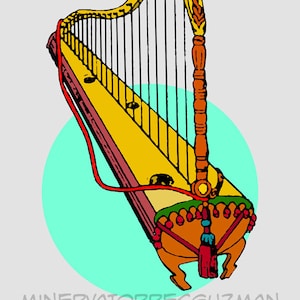 May include: A yellow harp with a red and brown base, surrounded by a turquoise circle. The text "MINERVATORRESGUZMAN EL ARPA" is below the harp.