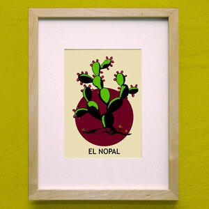 May include: Framed art print featuring a stylized green cactus with red accents against a burgundy circle, with the text "EL NOPAL" below. The print is set against a cream background and framed in light wood.