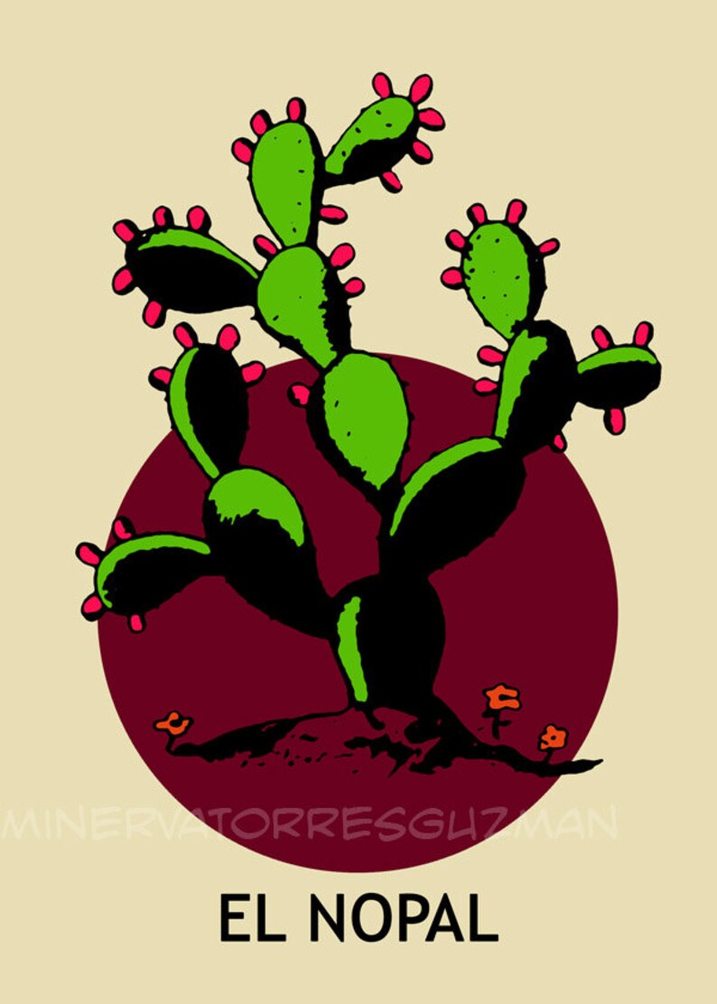 May include: Illustration of a green cactus with black outlines and red accents, set against a burgundy circle on a beige background. The text "EL NOPAL" is displayed below the cactus, with the artist's name subtly printed above.