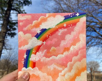 Nuvole rosa sognanti e arcobaleno dipinti a mano su tela 5x7