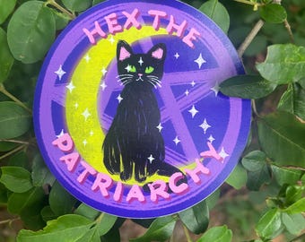 Hex the Patriarchy Sticker, Feminist Witchy Decal, Black Cat Crescent Moon, Occult Tarot Laptop Sticker