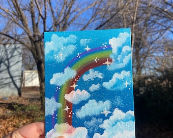 Dipinto acrilico scintillante e stravagante con nuvola arcobaleno, dipinto originale 5x7