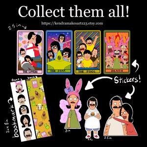 May include: A collection of Bob's Burgers-themed stickers and a bookmark. The stickers are tarot card designs, each featuring characters from the show. The bookmark is 2 x 8 inches and has character illustrations on both sides. The text "Collect them all!" is displayed.