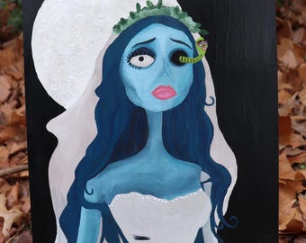Dipinto originale su legno e tela "Emily" da La sposa cadavere / Arte gotica ispirata a Tim Burton