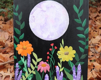 Midnight Moonflower, dipinto floreale al chiaro di luna / arte botanica del cielo notturno / decorazione murale Cottagecore