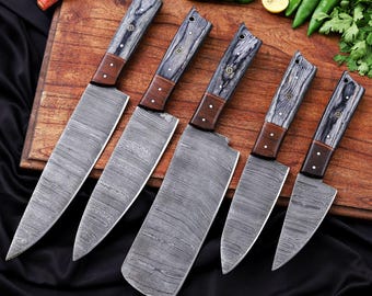 Handmade Damascus Steel 5 Piece Chef Knife Set , Kitchen Knives