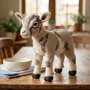 May include: A crocheted goat figure in cream and brown hues, standing on a wooden table. The goat features dark brown markings and hooves, with a small tail and upright ears. A ceramic bowl and a blue and white striped cloth are on the table.