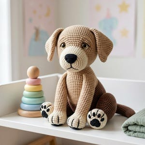 May include: A handmade crochet dog toy in tan and brown, with a black nose and paw pads. The plush toy sits on a white shelf next to a wooden stacking toy and a folded green blanket. The dog has large, expressive eyes.