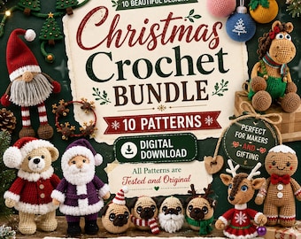 Christmas Crochet Pattern Bundle PDF, 10 Amigurumi Patterns, Santa Gnome Reindeer Bear, Holiday Ornaments & Bracelets Set