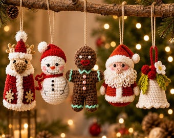 Christmas Ornament Crochet Pattern Bundle PDF, 5 Amigurumi Patterns, Santa Snowman Gingerbread Reindeer Bell, Hanging Ornaments Set