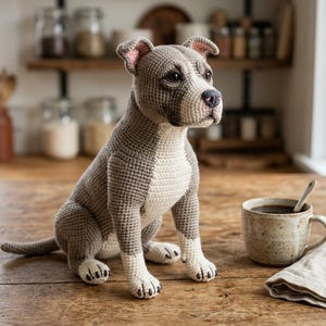 May include: A crocheted dog figurine in shades of gray and white, sitting on a wooden surface. The dog has detailed features, including a pink-lined ear and a black nose. A ceramic mug with coffee and a spoon sits nearby.